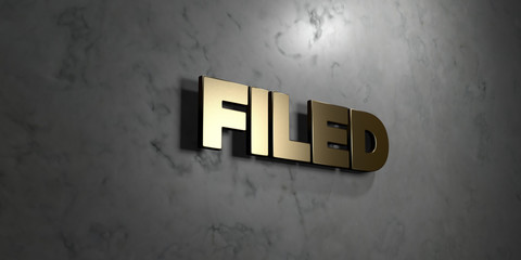 Filed - Gold sign mounted on glossy marble wall  - 3D rendered royalty free stock illustration. This image can be used for an online website banner ad or a print postcard.