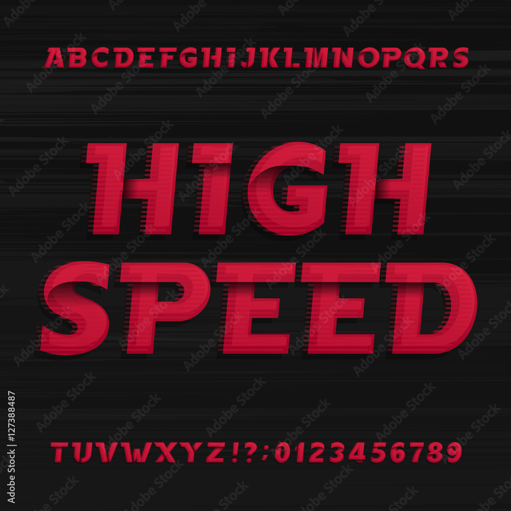 Fototapete high speed alphabet font. oblique dynamic letters numbers and symbols on a dark background. vector t