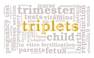 Triplets. Word cloud, golden font, white background. The miracle of birth.