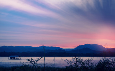 landscape mountains and water view in sunset  sky, in kanchanabu