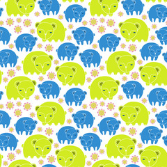 Cartoon bears, birds and flowers. Colorful Seamless Pattern.