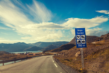 Driving a car on mountain road. Nature Norway. Polar circle. The way to Nordkapp