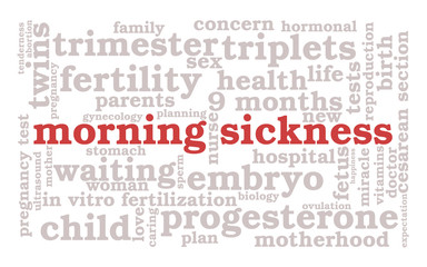 Morning sickness. Word cloud, red font, white background. The miracle of birth.