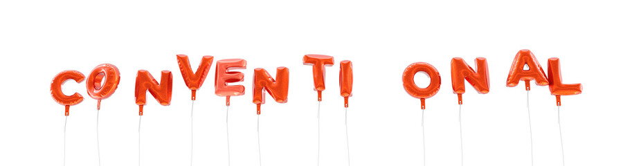 CONVENTIONAL - word made from red foil balloons - 3D rendered.  Can be used for an online banner ad or a print postcard.