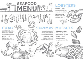 Menu seafood restaurant, food template placemat.