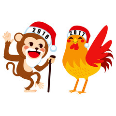 Old 2016 Chinese zodiac monkey saying goodbye to 2017 rooster as New Year concept