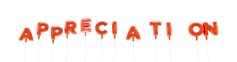 APPRECIATION - word made from red foil balloons - 3D rendered.  Can be used for an online banner ad or a print postcard.