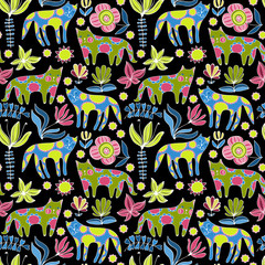Cartoon cats, birds and flowers. Colorful Seamless Pattern.