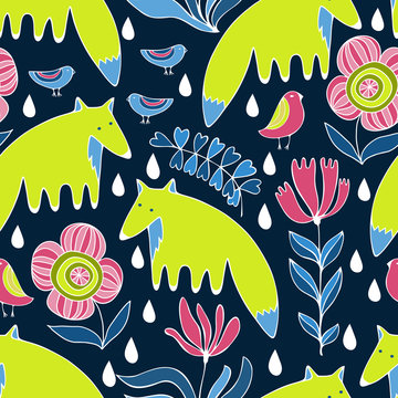 Cartoon foxes, birds and flowers. Colorful Seamless Pattern.