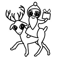 Vector illustration of deer riding Santa in black and white