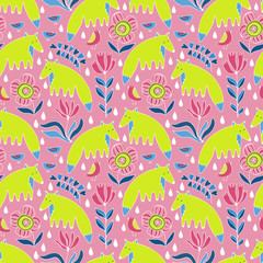 Cartoon foxes, birds and flowers. Colorful Seamless Pattern.