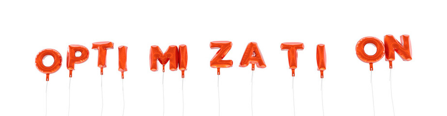 OPTIMIZATION - word made from red foil balloons - 3D rendered.  Can be used for an online banner ad or a print postcard.