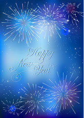 Happy New Year card with blue fireworks