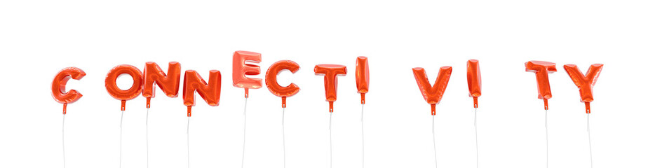 CONNECTIVITY - word made from red foil balloons - 3D rendered.  Can be used for an online banner ad or a print postcard.
