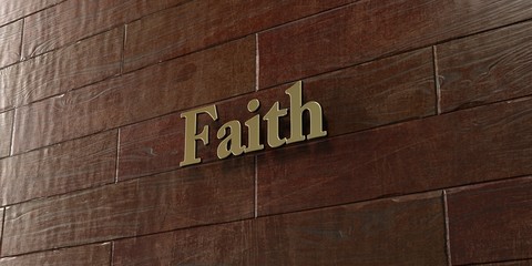 Faith - Bronze plaque mounted on maple wood wall  - 3D rendered royalty free stock picture. This image can be used for an online website banner ad or a print postcard.