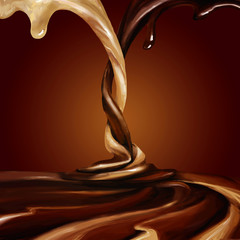 liquid cocoa, chocolate, splashing, pouring, isolated