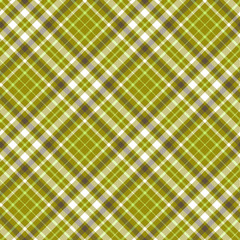 Seamless tartan plaid pattern. Checkered fabric texture design in white, light green, brown & olive green. 