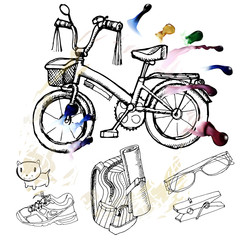 Bike backpack watercolor drawing