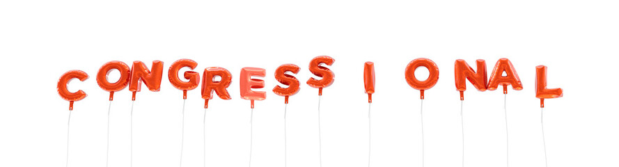 CONGRESSIONAL - word made from red foil balloons - 3D rendered.  Can be used for an online banner ad or a print postcard.