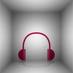 Headphones sign illustration. Bordo icon with shadow in the room.