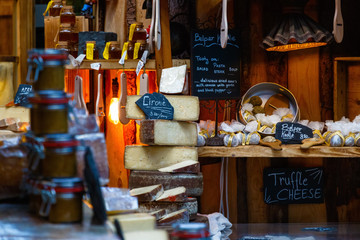 Variety of cheese on display in Borough Market, London