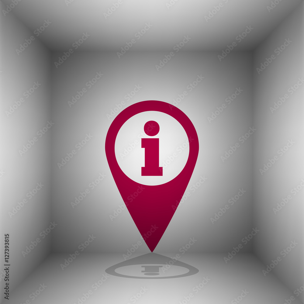 Aufkleber map pointer with information sign. bordo icon with shadow in the room.