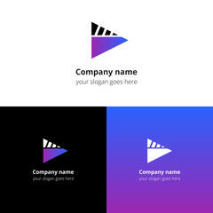 Play music sound button and video movie film strips flat logo icon vector template. Abstract symbol and button with violet-blue gradient for music, cinema, television, industrial service or company.