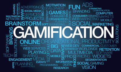 Gamification play words tag cloud text playing games social marketing user engagement organizational productivity motivation - obrazy, fototapety, plakaty