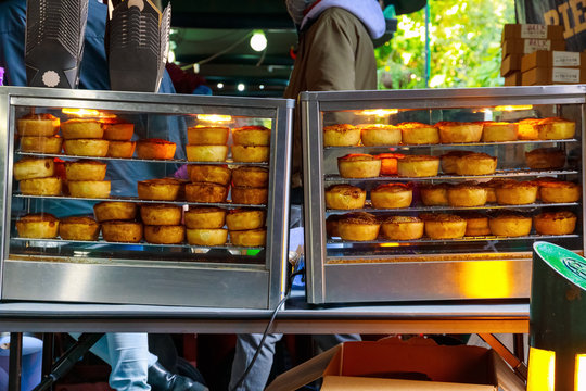 Hot meat pies on display at Borough Market, London