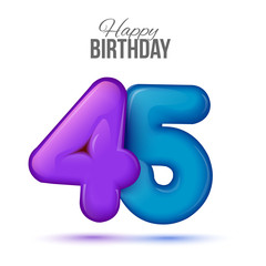forty five birthday greeting card template with 3d shiny number forty five balloon on white background. Birthday party greeting, invitation card, banner with number 45 shaped balloon