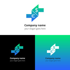 Money currency convert, conversation logo, icon, sign, emblem vector template. Abstract symbol and button with blue-green trend color for business, bank, pay conversation firm or service company.