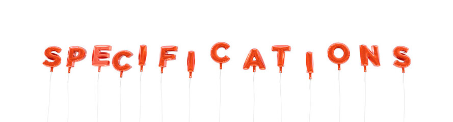 SPECIFICATIONS - word made from red foil balloons - 3D rendered.  Can be used for an online banner ad or a print postcard.