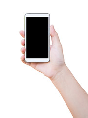 Hand holding smart phone isolated on white background