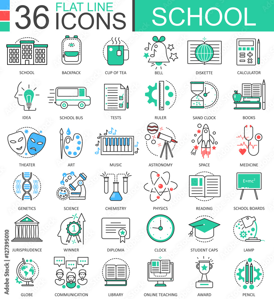 Poster vector school color flat line outline icons for apps and web design. school education tools icons.