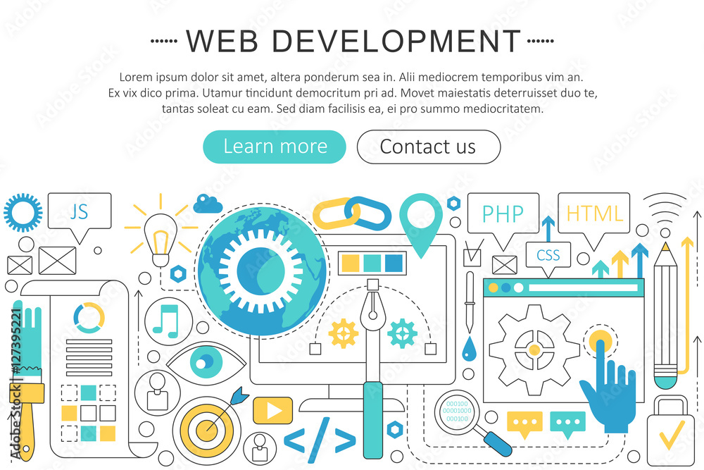 Fototapete Vector elegant thin flat line Web development concept. Website header web banner elements layout. Presentation, flyer and poster.