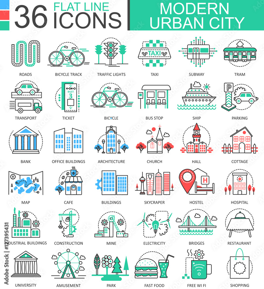 Aufkleber vector modern city color flat line outline icons for apps and web design. urban city elements.