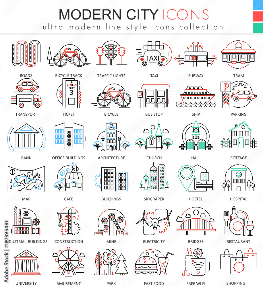Poster vector modern city color flat line outline icons for apps and web design. urban smart city elements 