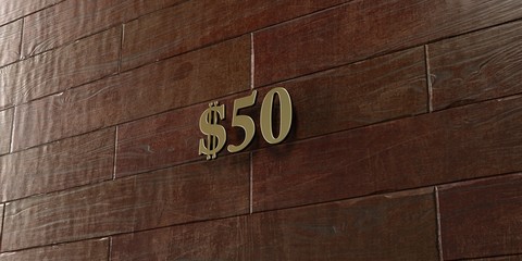 $50 - Bronze plaque mounted on maple wood wall  - 3D rendered royalty free stock picture. This image can be used for an online website banner ad or a print postcard.