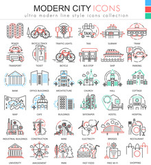 Vector Modern city color flat line outline icons for apps and web design. Urban smart city elements icons.