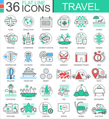 Fototapeta na wymiar Vector Travel color flat line outline icons for apps and web design. travelling adventures icons.