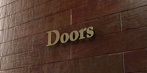 Doors - Bronze plaque mounted on maple wood wall  - 3D rendered royalty free stock picture. This image can be used for an online website banner ad or a print postcard.