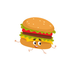 Funny burger fast food kids menu character, cartoon style vector illustration isolated on white background. Funny cheese, beef burger character with eyes, legs, and a wide smile