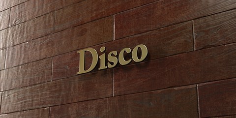Disco - Bronze plaque mounted on maple wood wall  - 3D rendered royalty free stock picture. This image can be used for an online website banner ad or a print postcard.