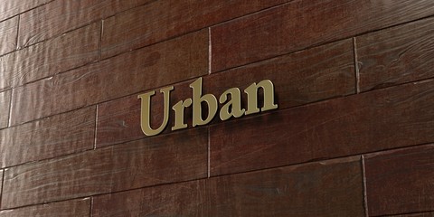Urban - Bronze plaque mounted on maple wood wall  - 3D rendered royalty free stock picture. This image can be used for an online website banner ad or a print postcard.