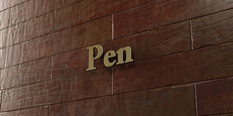 Pen - Bronze plaque mounted on maple wood wall  - 3D rendered royalty free stock picture. This image can be used for an online website banner ad or a print postcard.