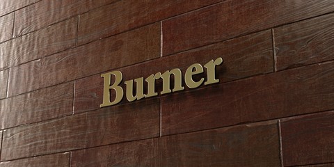 Burner - Bronze plaque mounted on maple wood wall  - 3D rendered royalty free stock picture. This image can be used for an online website banner ad or a print postcard.