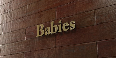 Babies - Bronze plaque mounted on maple wood wall  - 3D rendered royalty free stock picture. This image can be used for an online website banner ad or a print postcard.