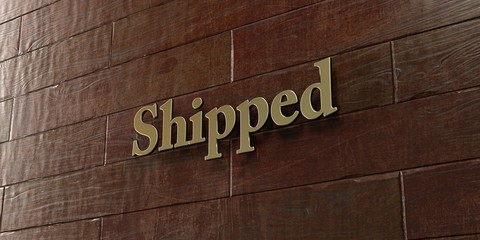 Shipped - Bronze plaque mounted on maple wood wall  - 3D rendered royalty free stock picture. This image can be used for an online website banner ad or a print postcard.