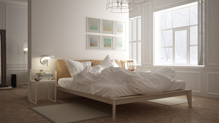 Scandinavian bedroom, white minimalistic design, hotel spa resor