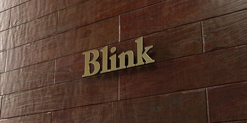 Blink - Bronze plaque mounted on maple wood wall  - 3D rendered royalty free stock picture. This image can be used for an online website banner ad or a print postcard.